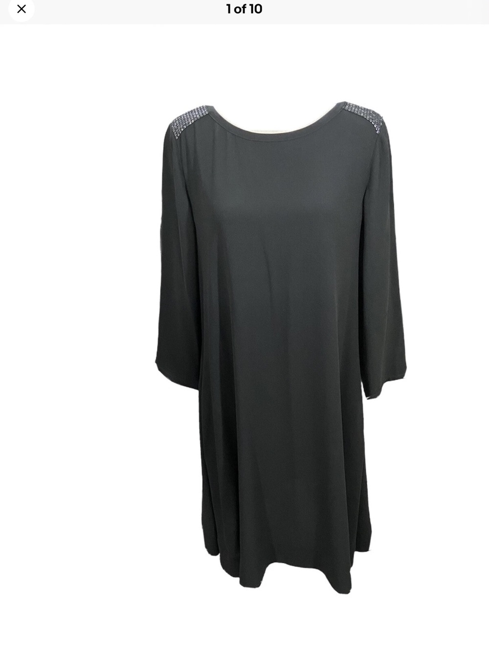 Eileen Fisher Black Midi Shift Dress with Shoulder Embellishment Pockets